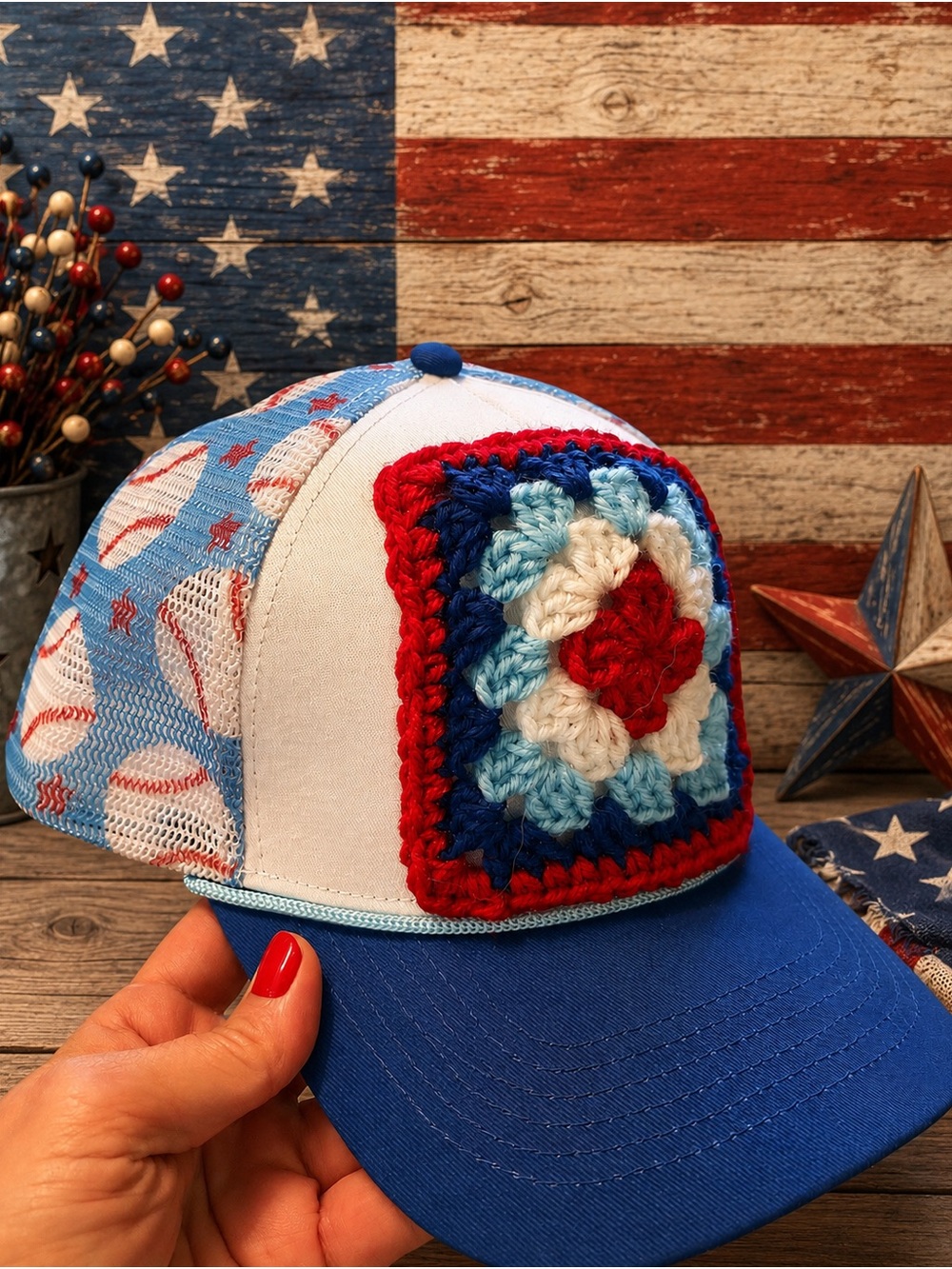 PLAY BALL! Handmade Crochet Patch Trucker Hat - Red, White & Blue